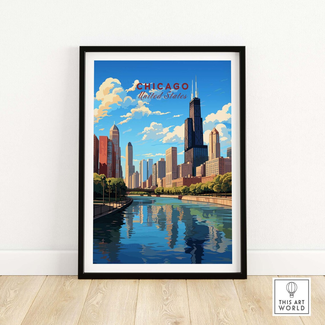 Blue Chicago United States Skyline River Willis Tower Art Poster - Image 2