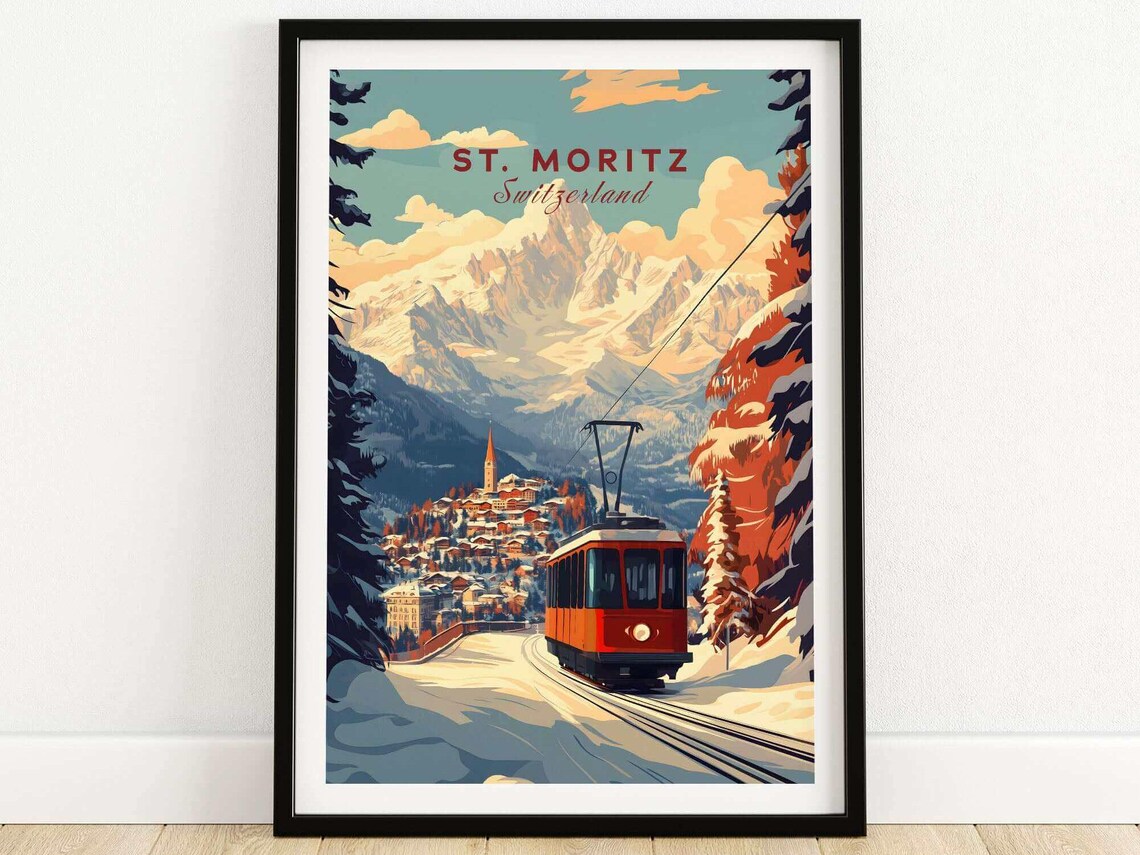 St Moritz Switzerland Red Cable Car Over Mountain Village Travel Poster