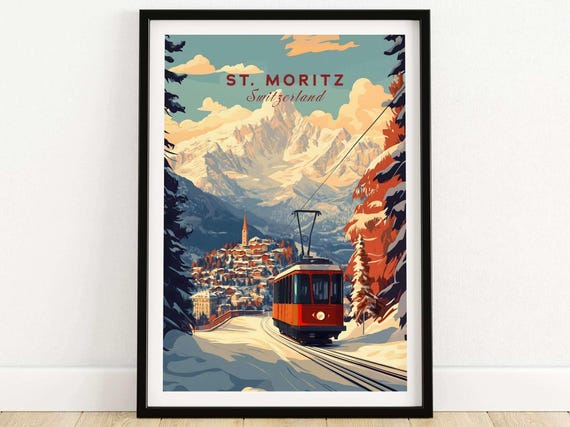 St Moritz Ski Art Print Switzerland Ski Lodge Wall Art Home Decor Skiing Gift Ski House Decor Winter Sport Room Print Chalet Art
