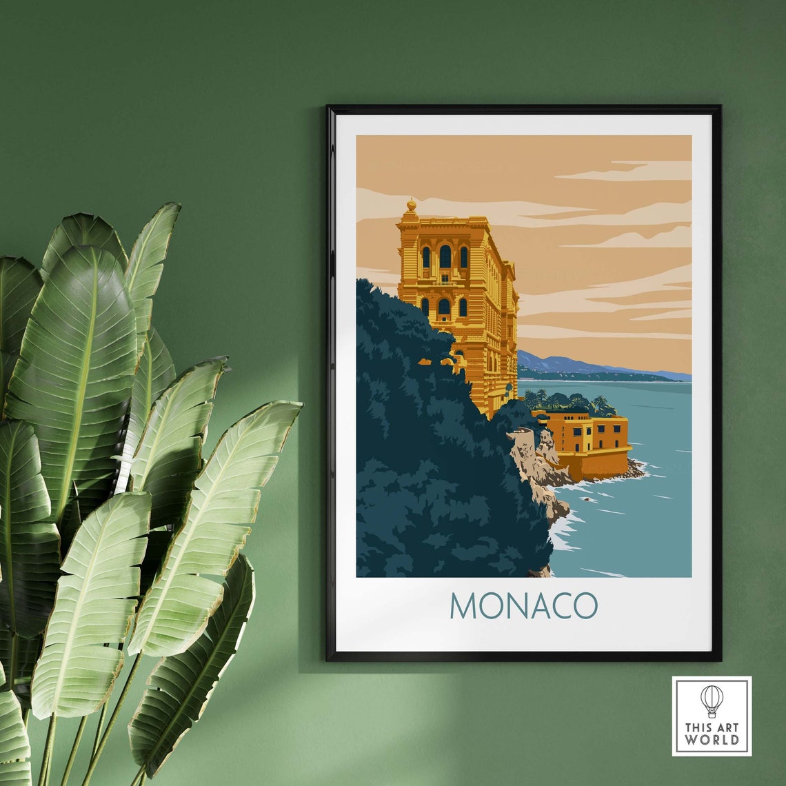 Monaco Cliffside Golden Palace Mediterranean Sea View Travel Poster - Image 2