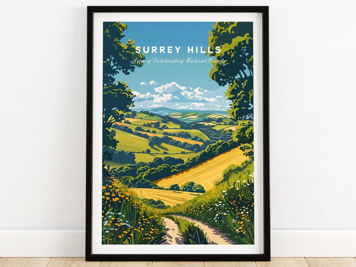 Surrey Hills England Meadow Path Golden Fields Vintage Poster