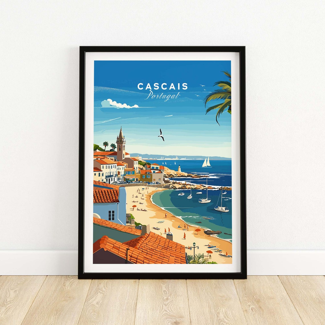 Cascais Portugal Sunny Beach Terracotta Roofs Sailboats Poster - Image 2