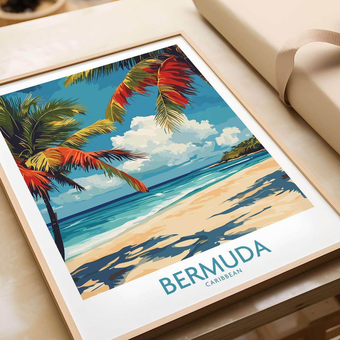 Bermuda Caribbean Beach Palm Fronds Turquoise Ocean Travel Poster