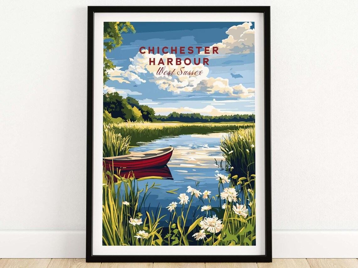 Chichester Harbour West Sussex Red Boat Vintage Travel Poster