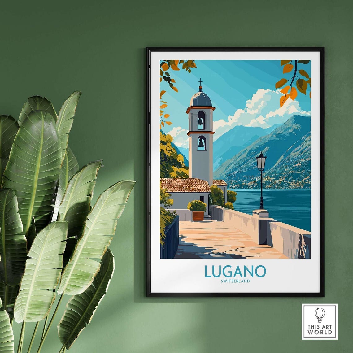 Lugano Switzerland Lakeside Promenade Bell Tower Travel Poster - Image 2