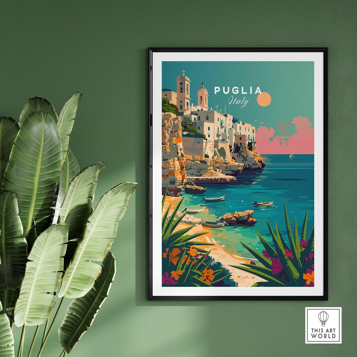Puglia Italy Whitewashed Cliff Town Fishing Boats Sunrise Poster - Image 2