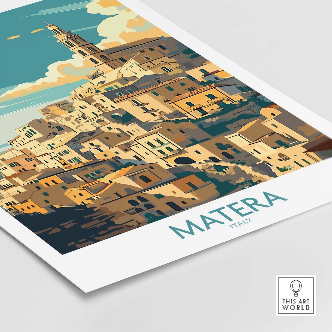 Matera Italy Sunlit Rooftops Bell Tower Warm Golden Light Poster - Image 4