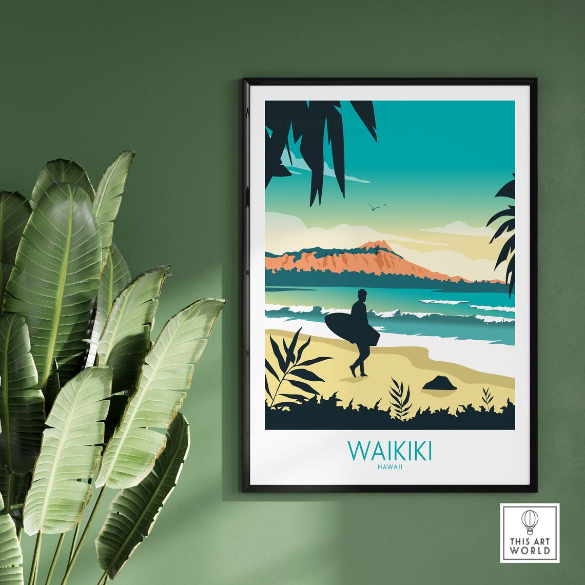 Waikiki Hawaii Surfer Diamond Head Beach Sunset Travel Poster - Image 2