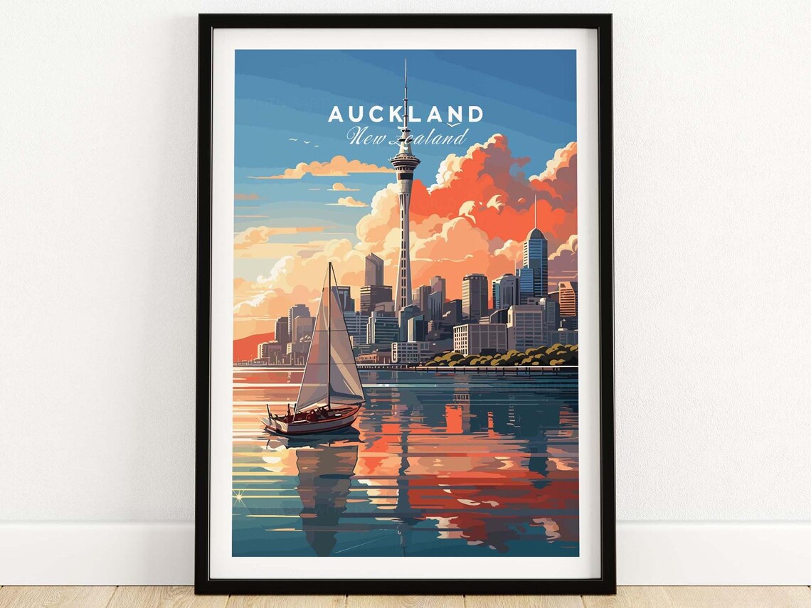 Auckland New Zealand Sky Tower Harbor Sailboat Sunset Travel Poster