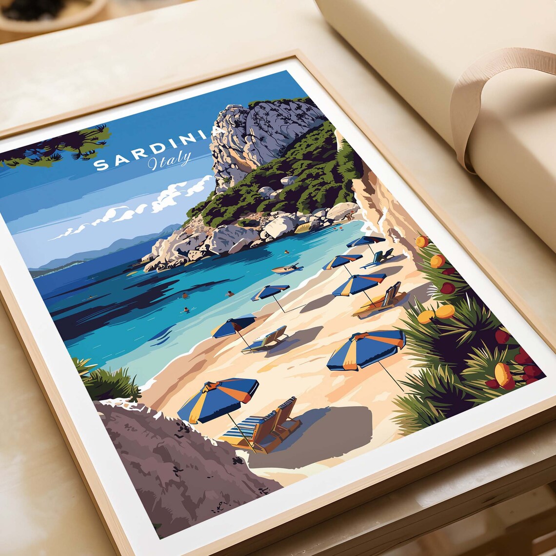 Sardinia Italy Beach Umbrellas Turquoise Cove Vintage Travel Poster