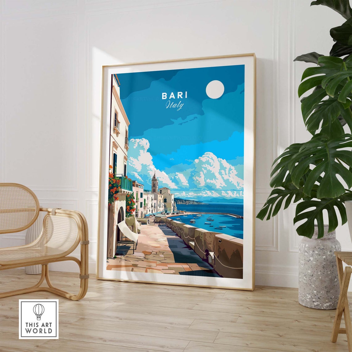 Bari Italy Seaside Promenade Boats Sunny Harbor Walk View Poster - Image 2
