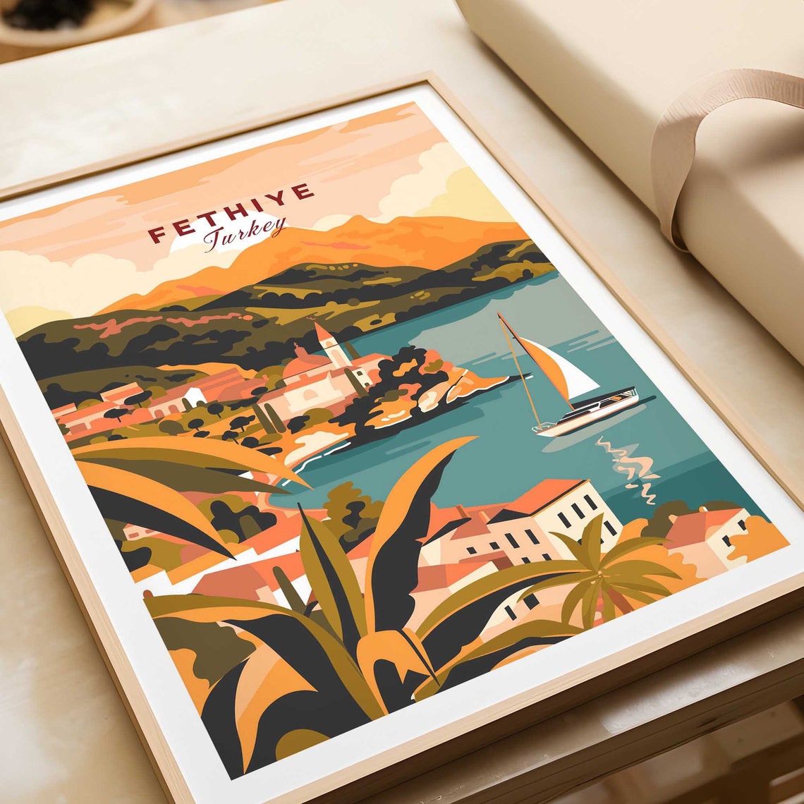 Fethiye Turkey Sailboat Bay Mountain Coastline Serene View Poster - Image 4