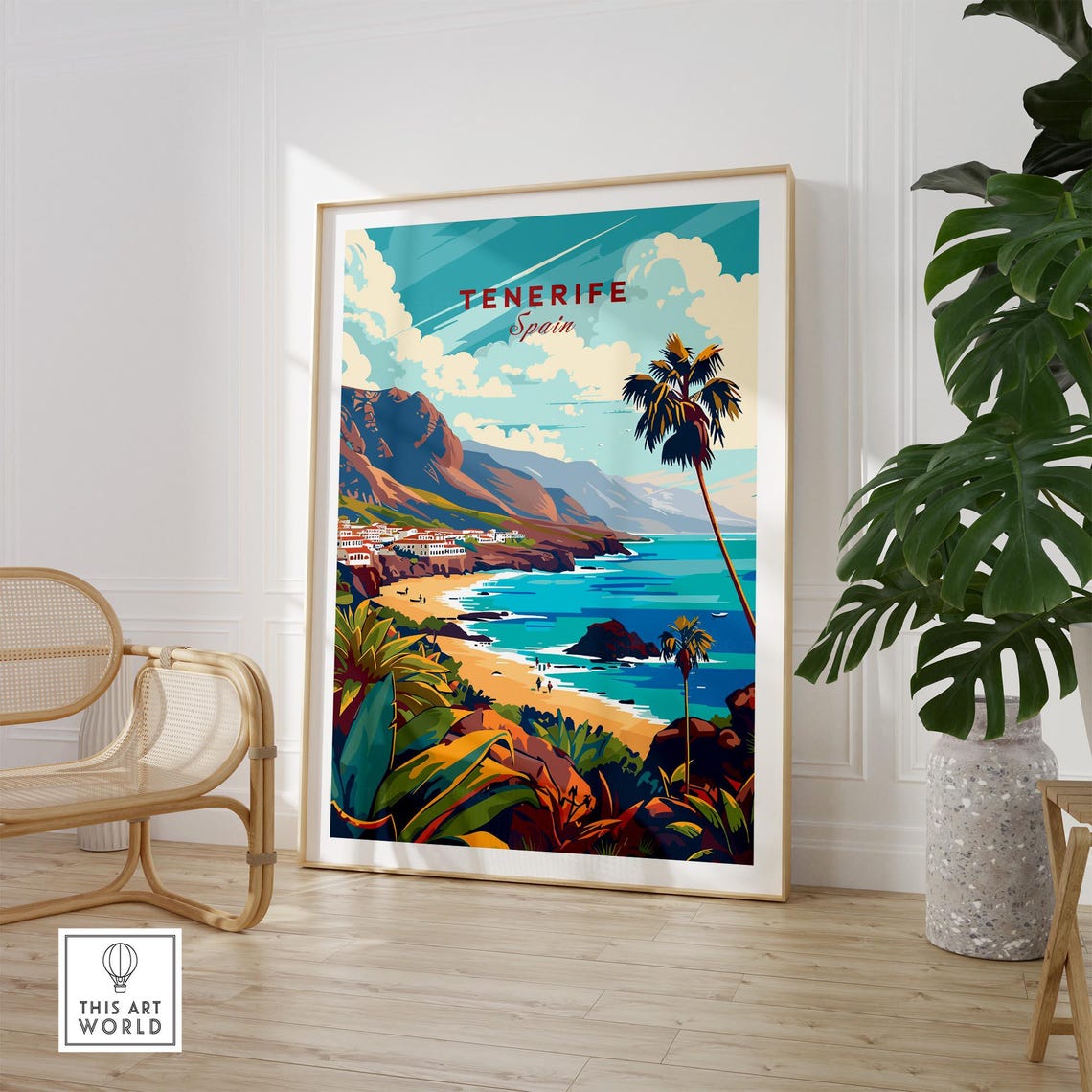 Tenerife Spain Beach Town Cliffs Palm Tree Ocean Scene Poster - Image 2