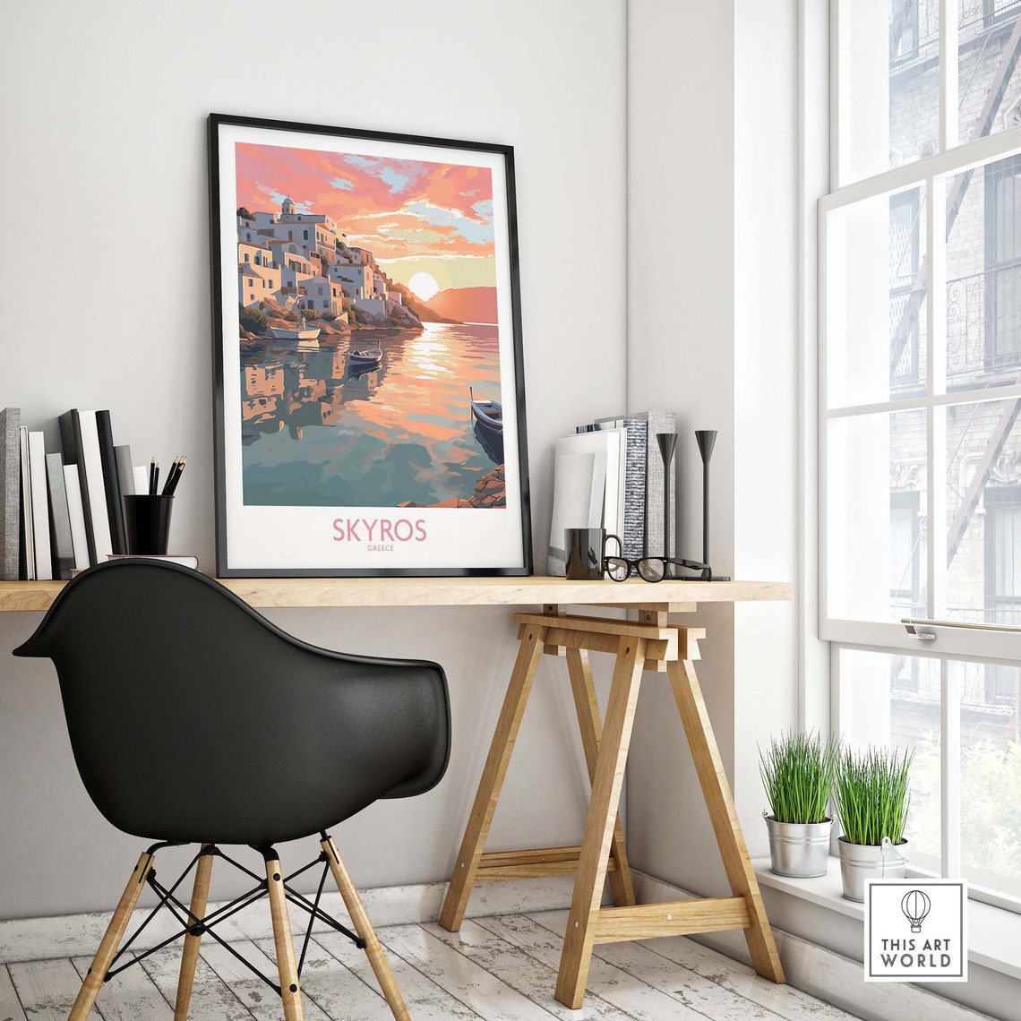 Skyros Greece Whitewashed Island Village Sunset Boats Sea Poster - Image 4
