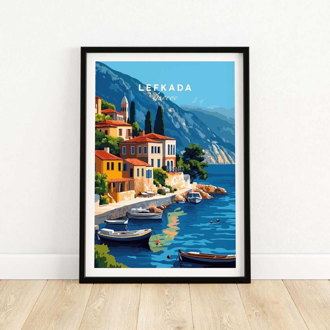 Lefkada Greece Travel Poster, Coastal Landscape