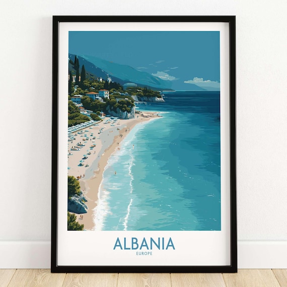 Albania Beach Travel Poster With Coastal Town Cliffs And Turquoise Waters