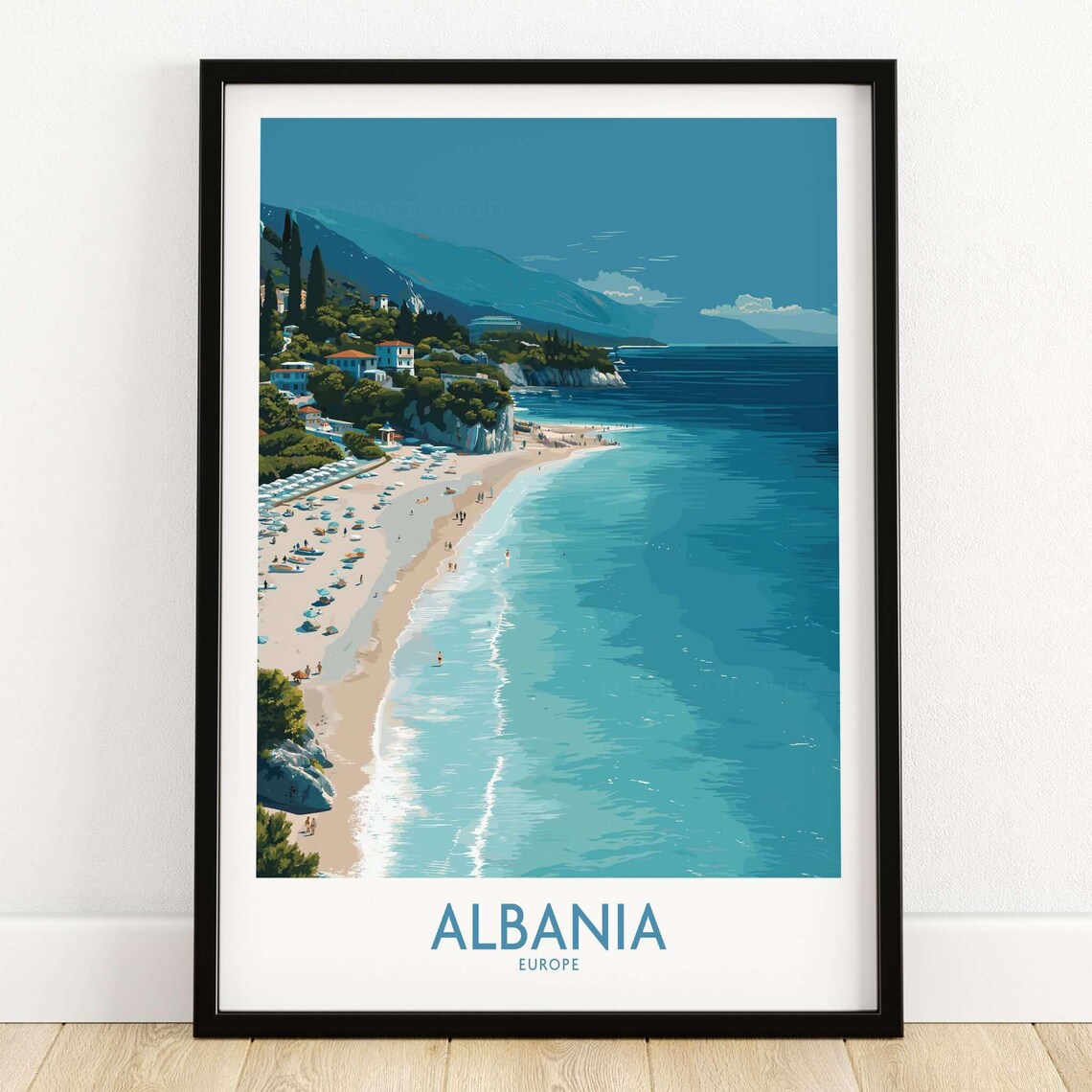 Albania Beach Travel Poster With Coastal Town Cliffs And Turquoise Waters