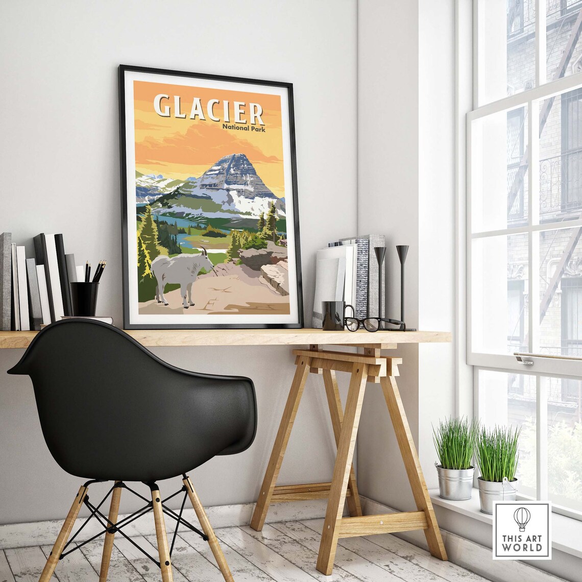 Glacier National Park Mountain Goat Snowy Peak Valley View Poster - Image 4