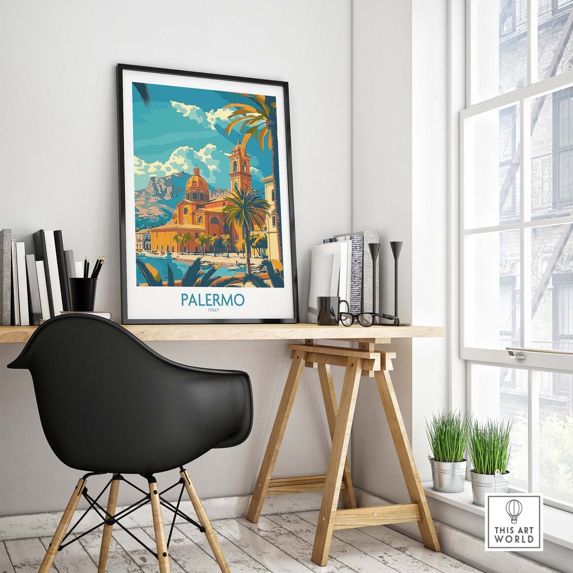 Palermo Italy Cathedral Palm Fronds Waterfront Street View Poster - Image 4