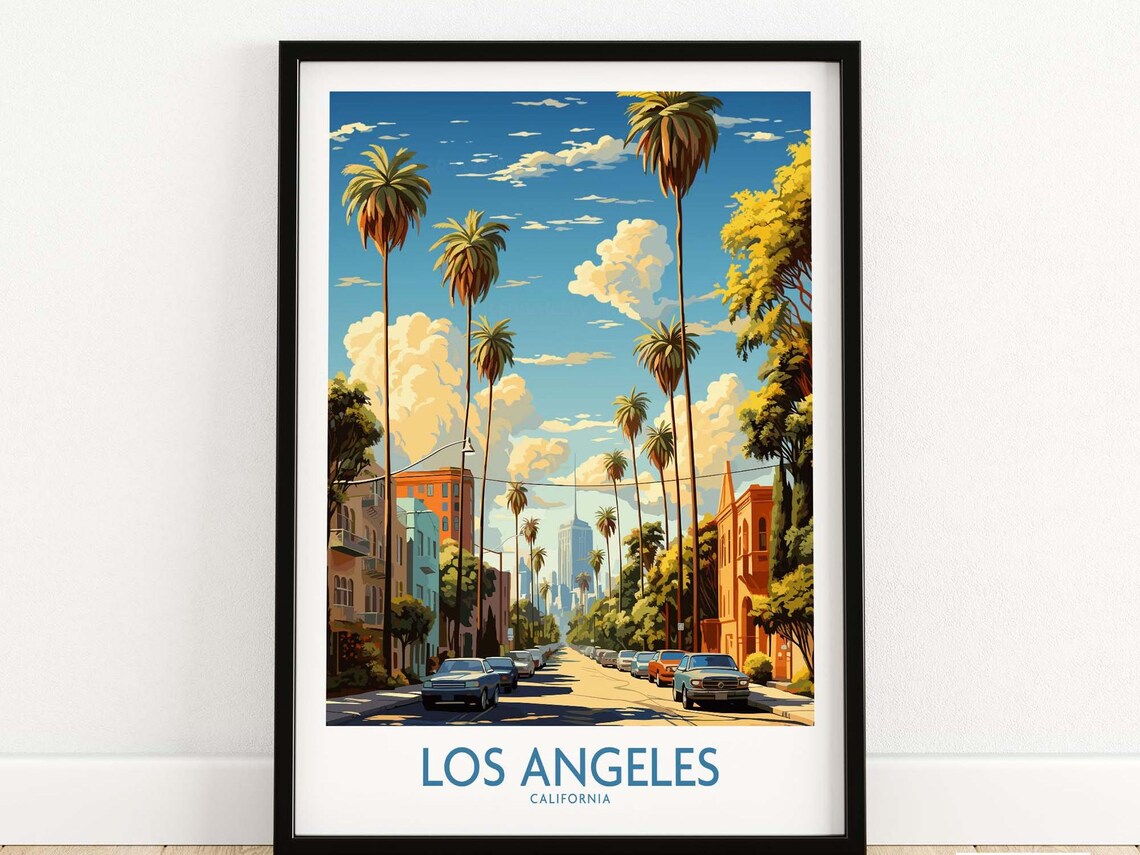 Los Angeles Palm Lined Street and Skyline Vintage California Travel Poster
