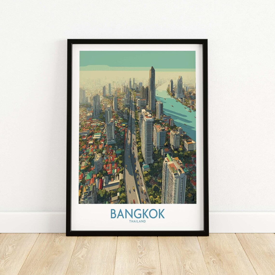 Bangkok Thailand Aerial City Skyline River View Travel Poster