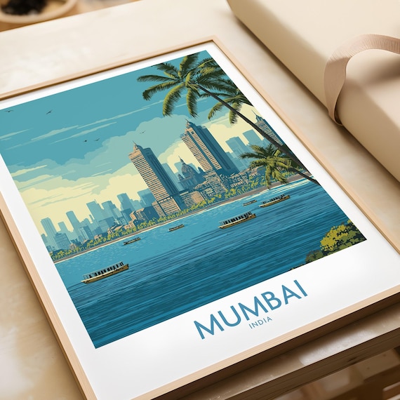 Mumbai India Marine Drive Skyline Palms Retro Travel Art Poster