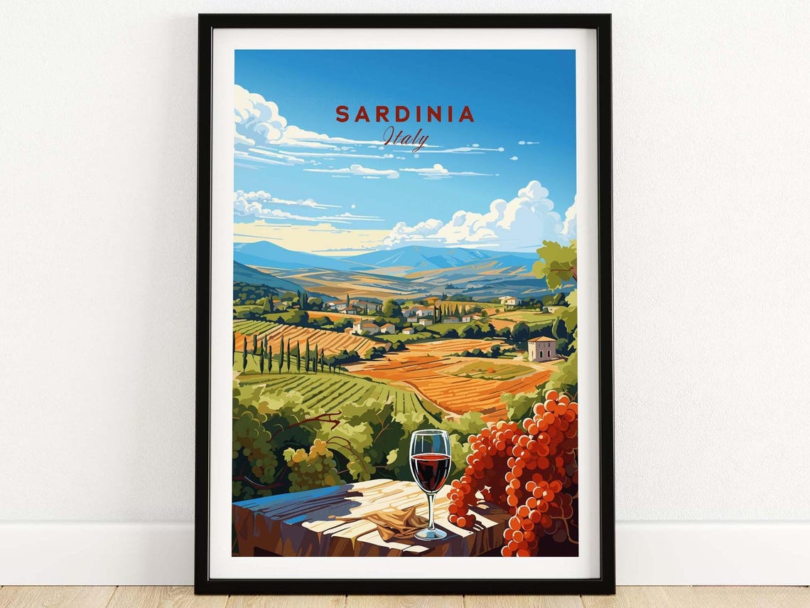 Sardinia Italy Vineyard Hills Wine Glass Rolling Countryside Poster