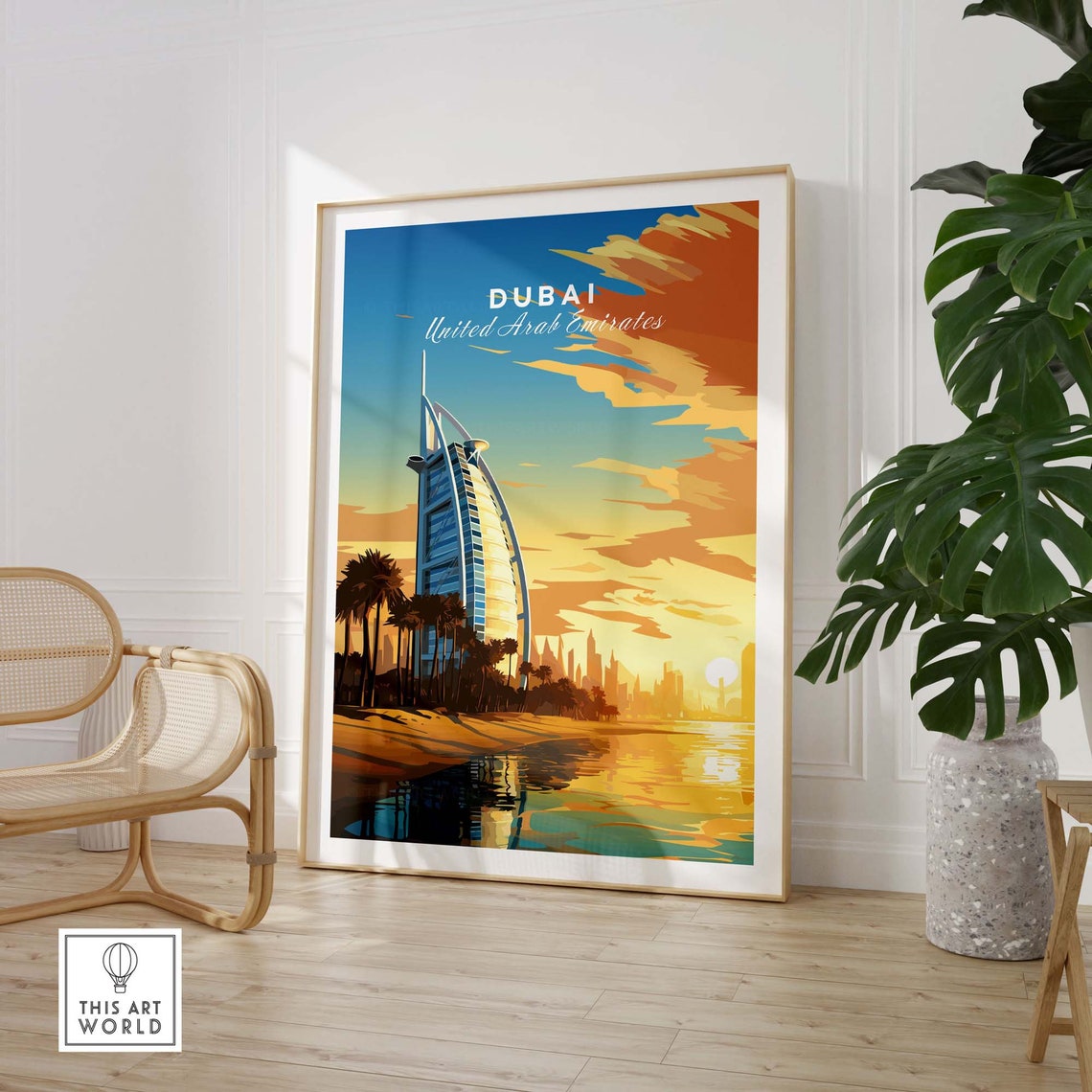 Retro Dubai United Arab Emirates Burj Al Arab Beach Sunset Poster - Image 3
