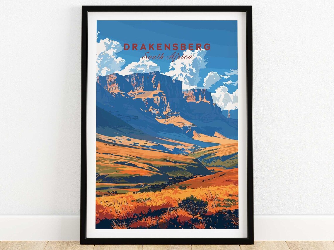 Drakensberg South Africa Golden Escarpment Retro Travel Poster