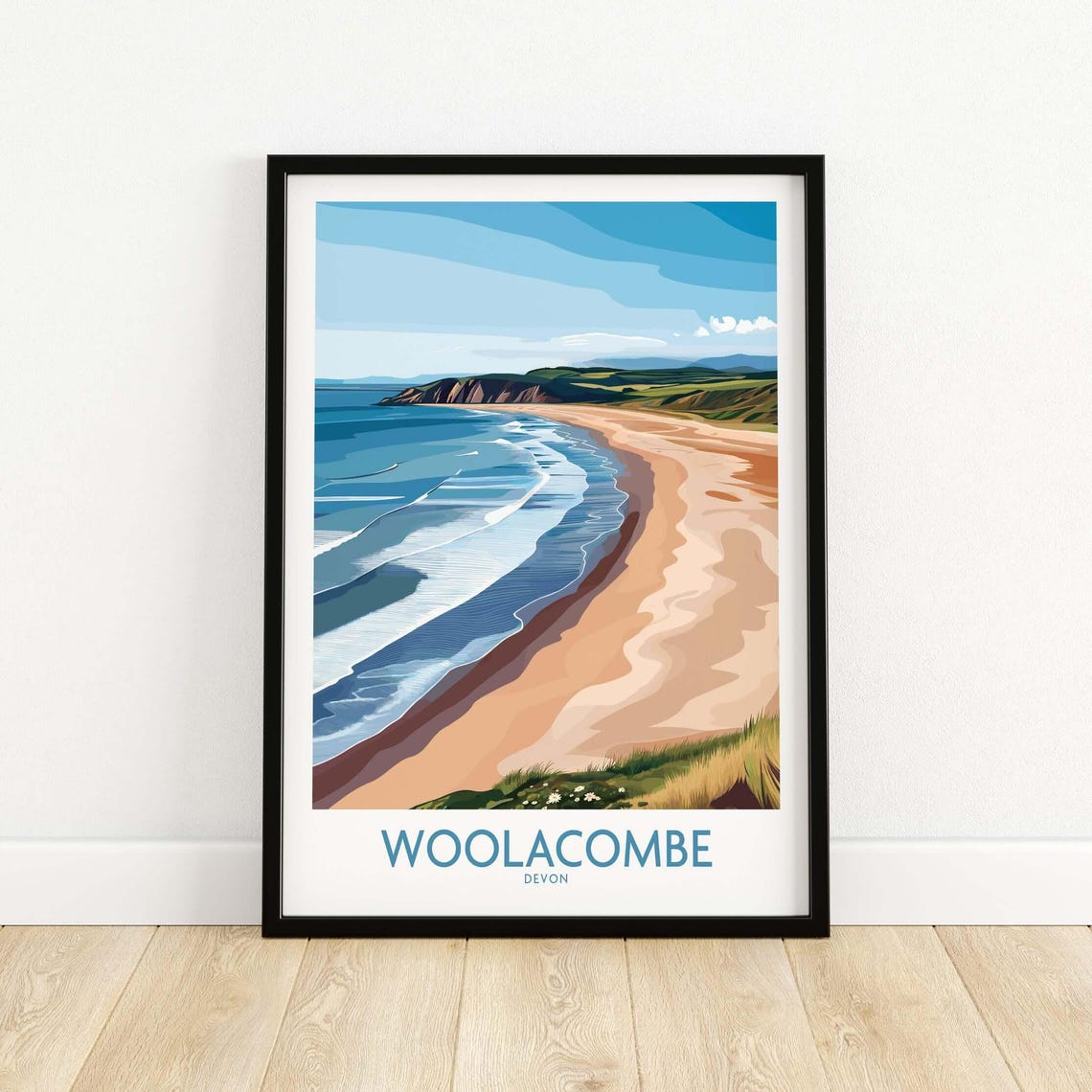 Woolacombe Devon Beach Poster Rolling Waves Dunes Cliffs Travel Art