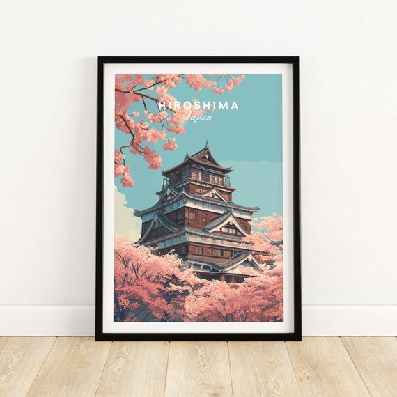 Hiroshima Cherry Blossom Poster Pink Floral Wall Art Japanese Travel Print Vintage Style Decor Springtime Landmark Gift Framed Hanging