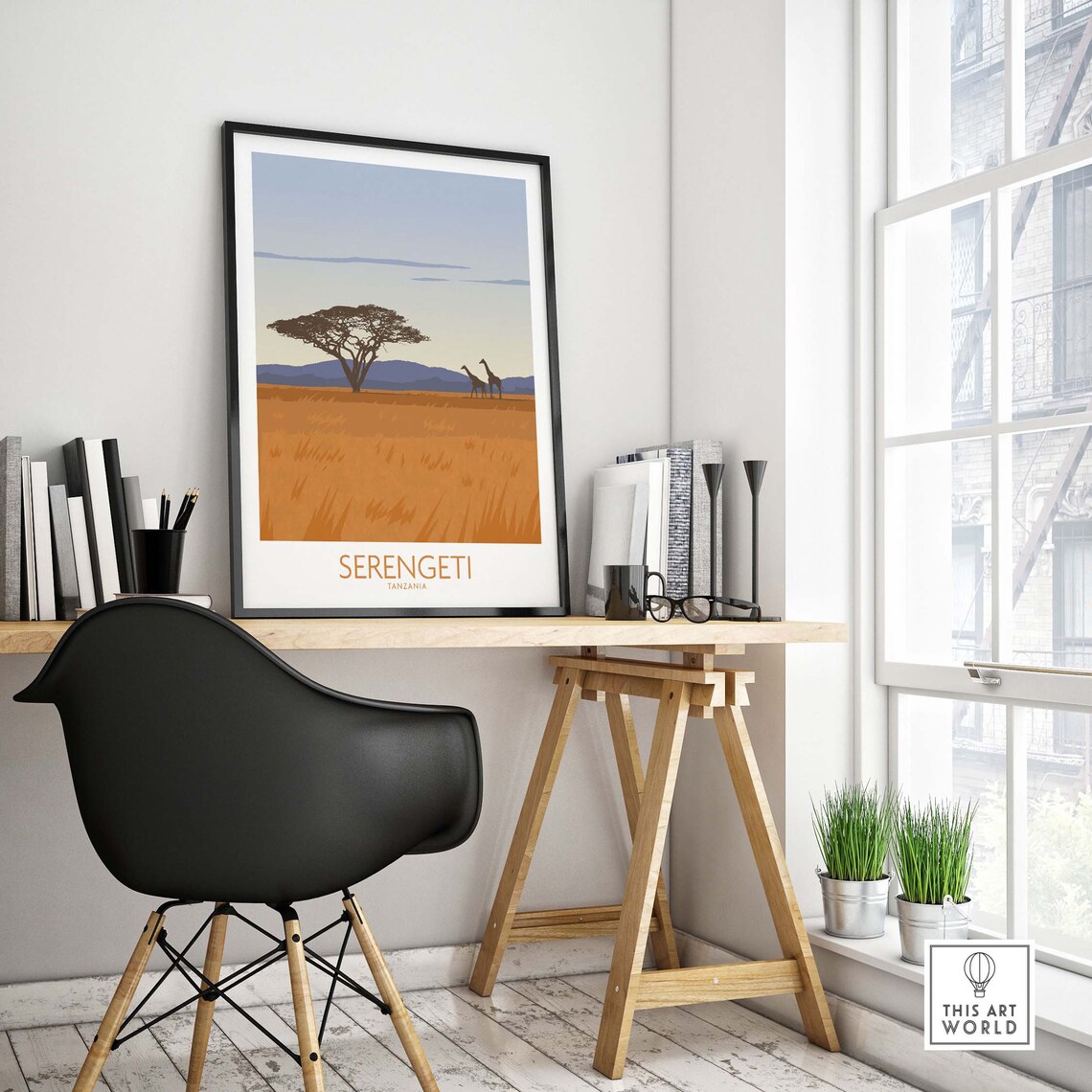Serengeti Tanzania Acacia Tree and Giraffes Savanna Travel Poster - Image 4