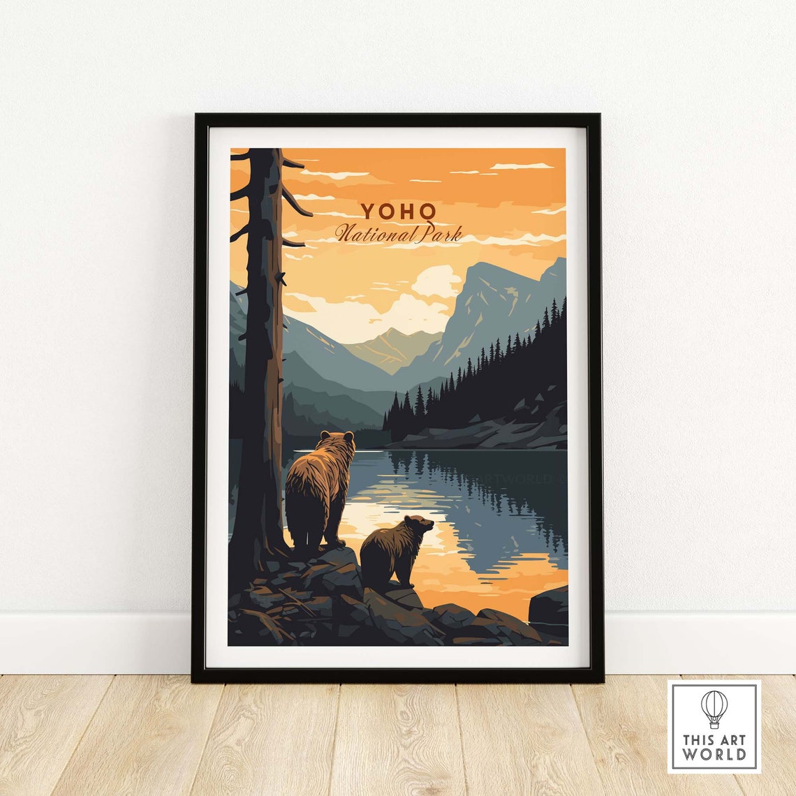 Yoho National Park Canada Bears Lakeside Sunset Mountain Poster