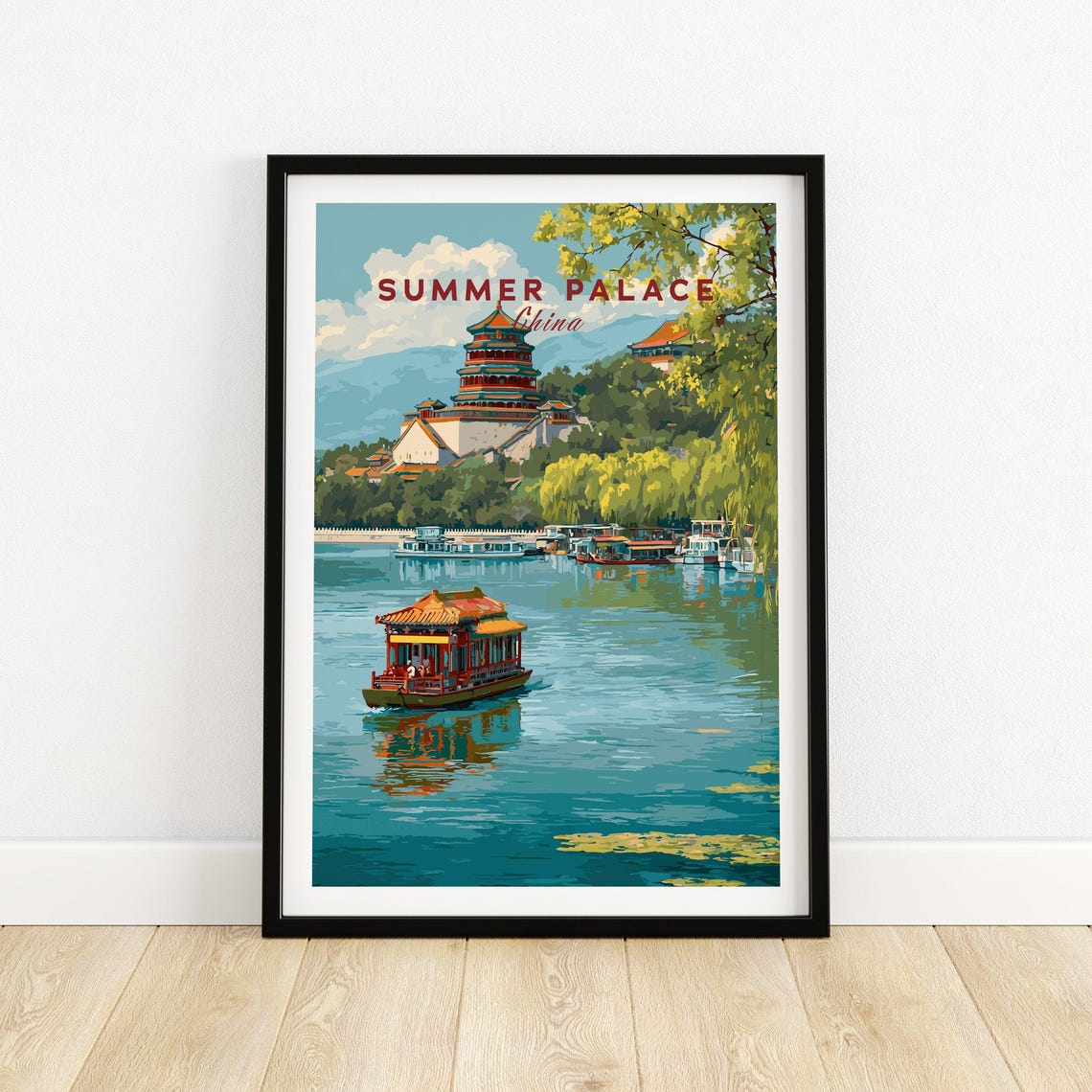 Summer Palace China Poster with Lake Boat and Hillside Temple View