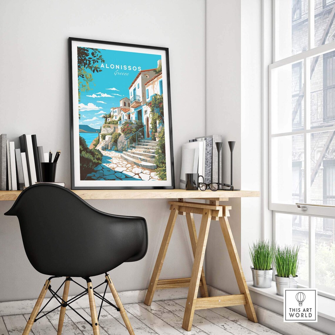 Alonissos Greece Whitewashed Village Alley Blue Shutters Poster - Image 4