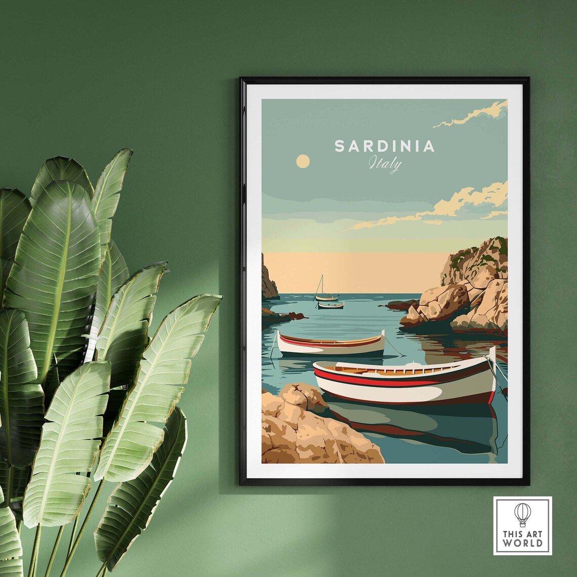 Sardinia Italy Turquoise Cove Moored Boats Rocky Cliffs Travel Poster - Image 2
