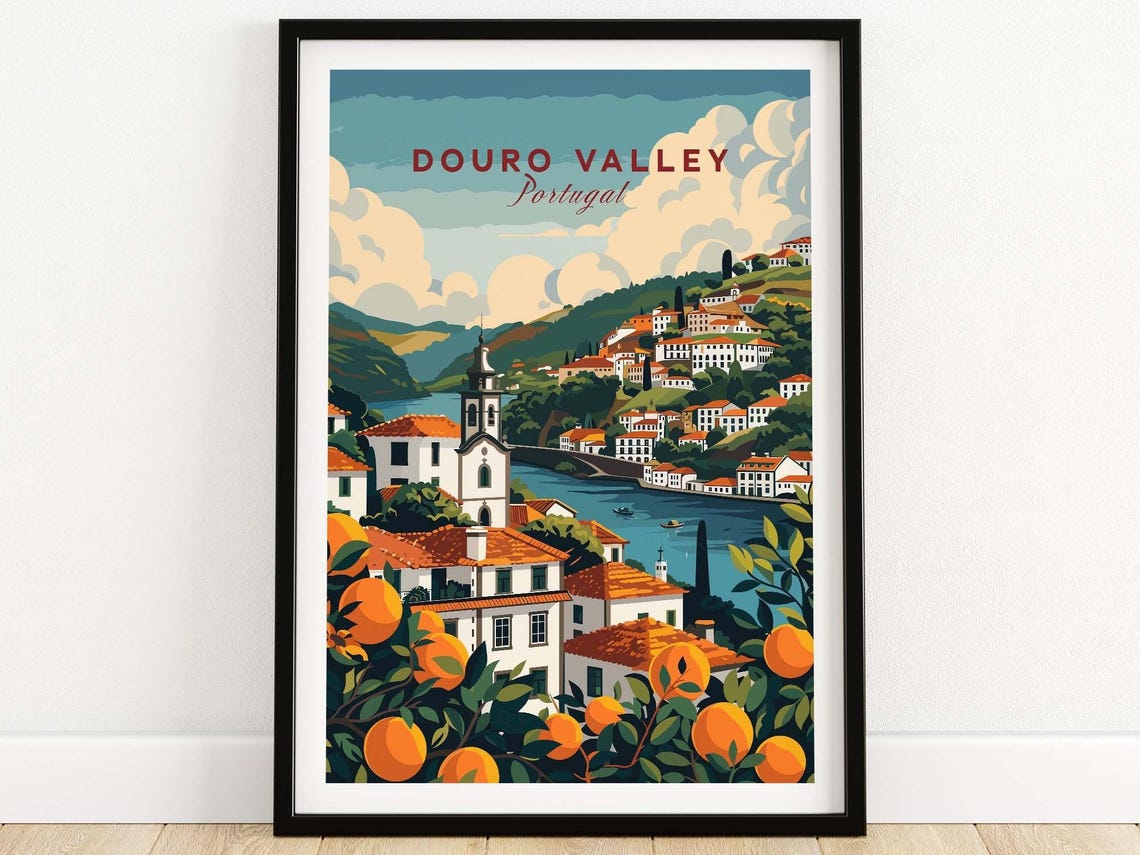 Douro Valley Portugal Terraced Vineyard Village River Poster