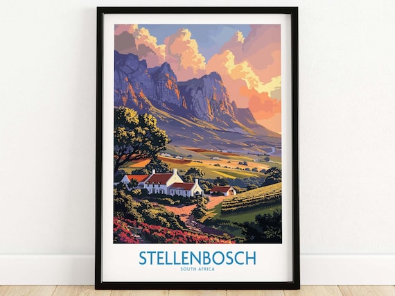 Stellenbosch South Africa Vineyard Mountain Sunset Travel Poster