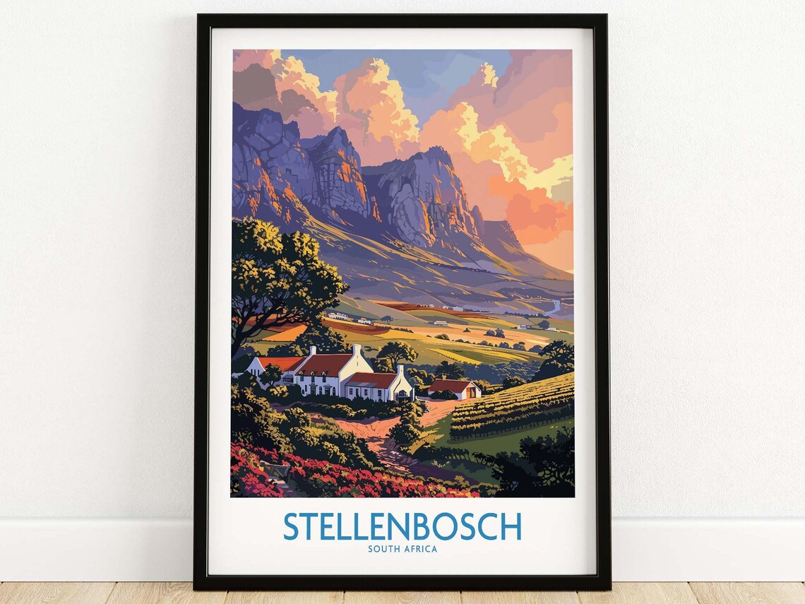 Stellenbosch South Africa Vineyard Mountain Sunset Travel Poster