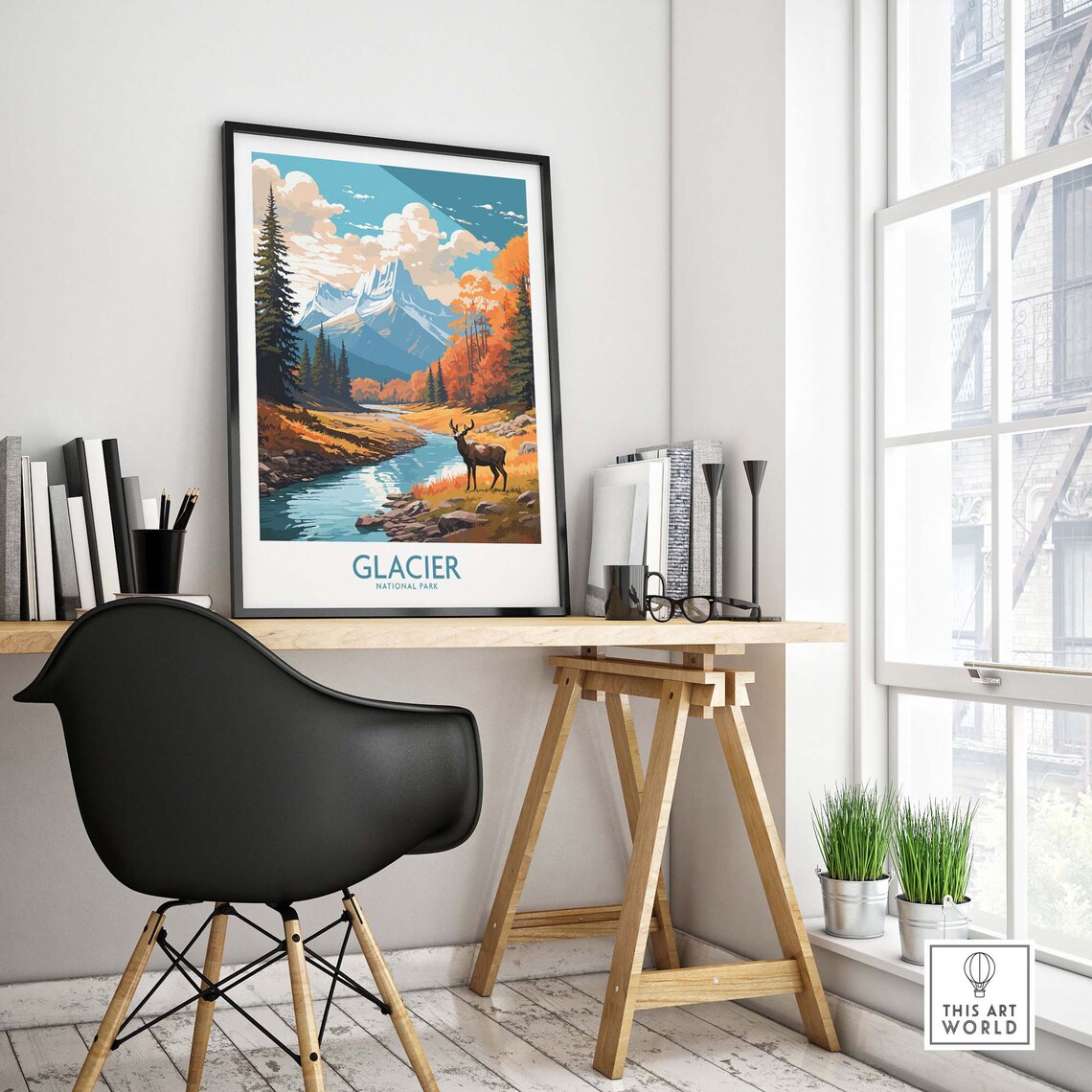 Glacier National Park Autumn Deer River Mountain Travel Poster - Image 4