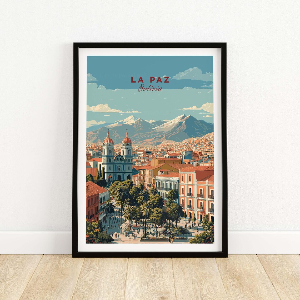 La Paz Bolivia Old Town Plaza Cathedral Andes Panorama Travel Poster