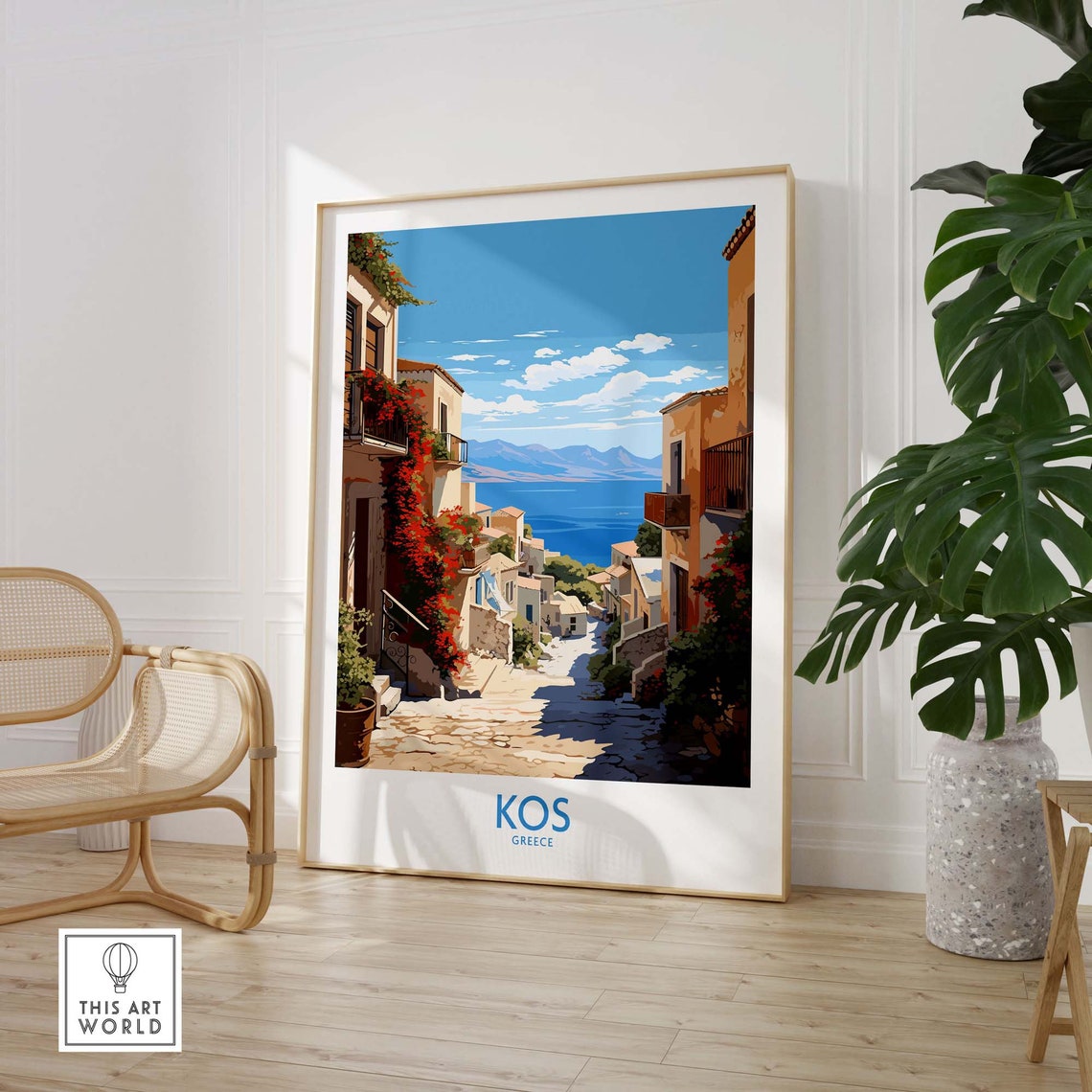 Kos Greece Cobblestone Old Town Lane Bougainvillea Sea View Poster - Image 2