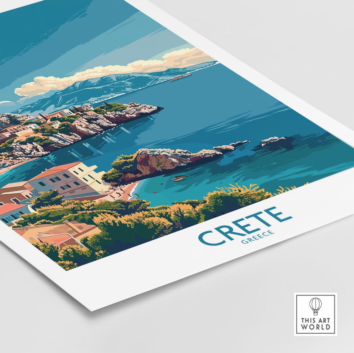 Crete Greece Rocky Coastal Cliffs Whitewashed Village Blue Sea Poster - Image 4