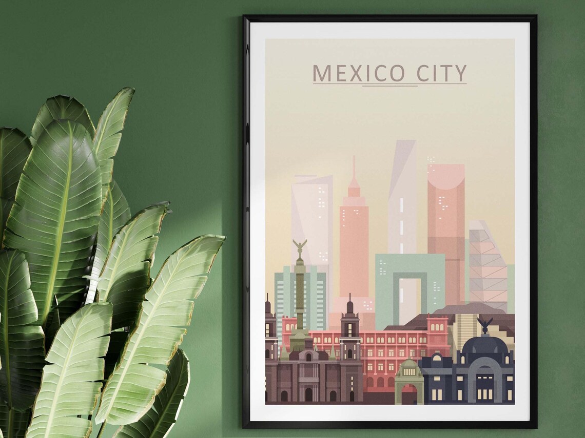 Mexico City Skyline Travel Poster, Cityscape Artwork
