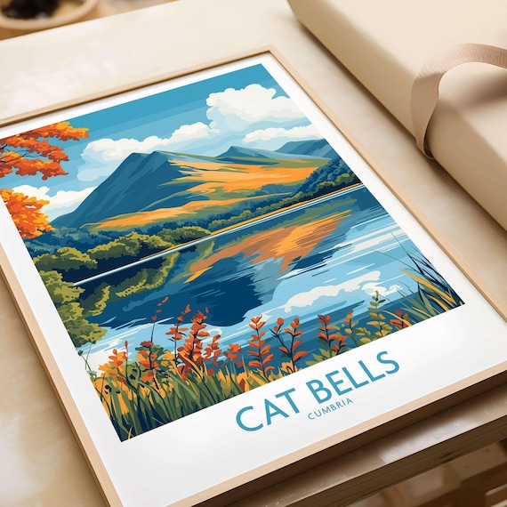 Cat Bells Cumbria Lake Reflection Autumn Fells Travel Poster