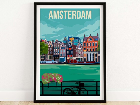 Amsterdam Vintage Travel Poster, Netherlands Skyline