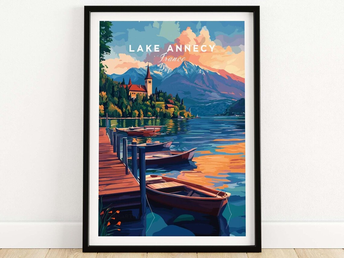 Lake Annecy France Sunset Boats Dock Mountain Lake Travel Poster