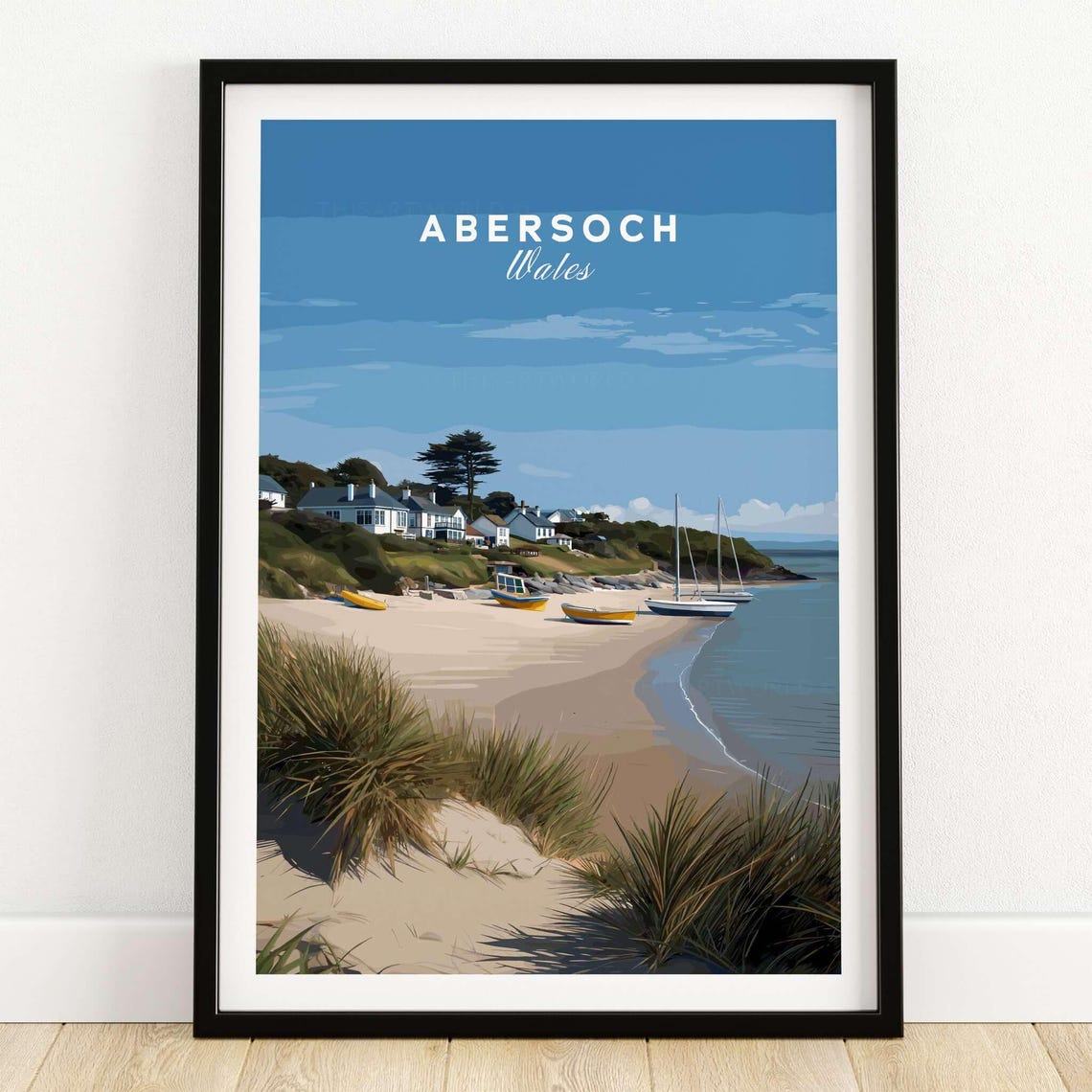Abersoch Wales Beach Boats Sandy Shore Coastal Travel Art Poster