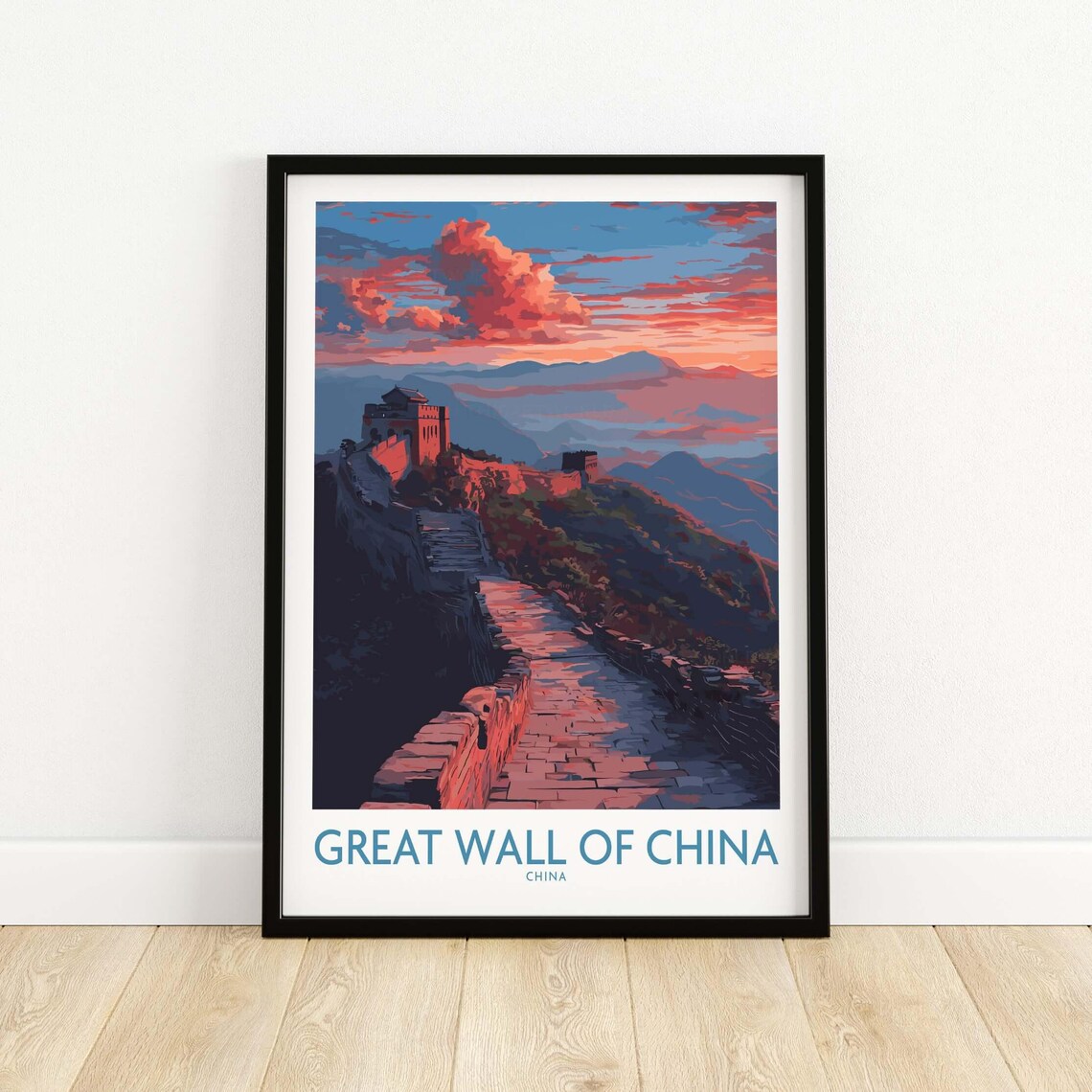 Great Wall of China Dusk Poster with Fiery Orange Sky and Stone Path