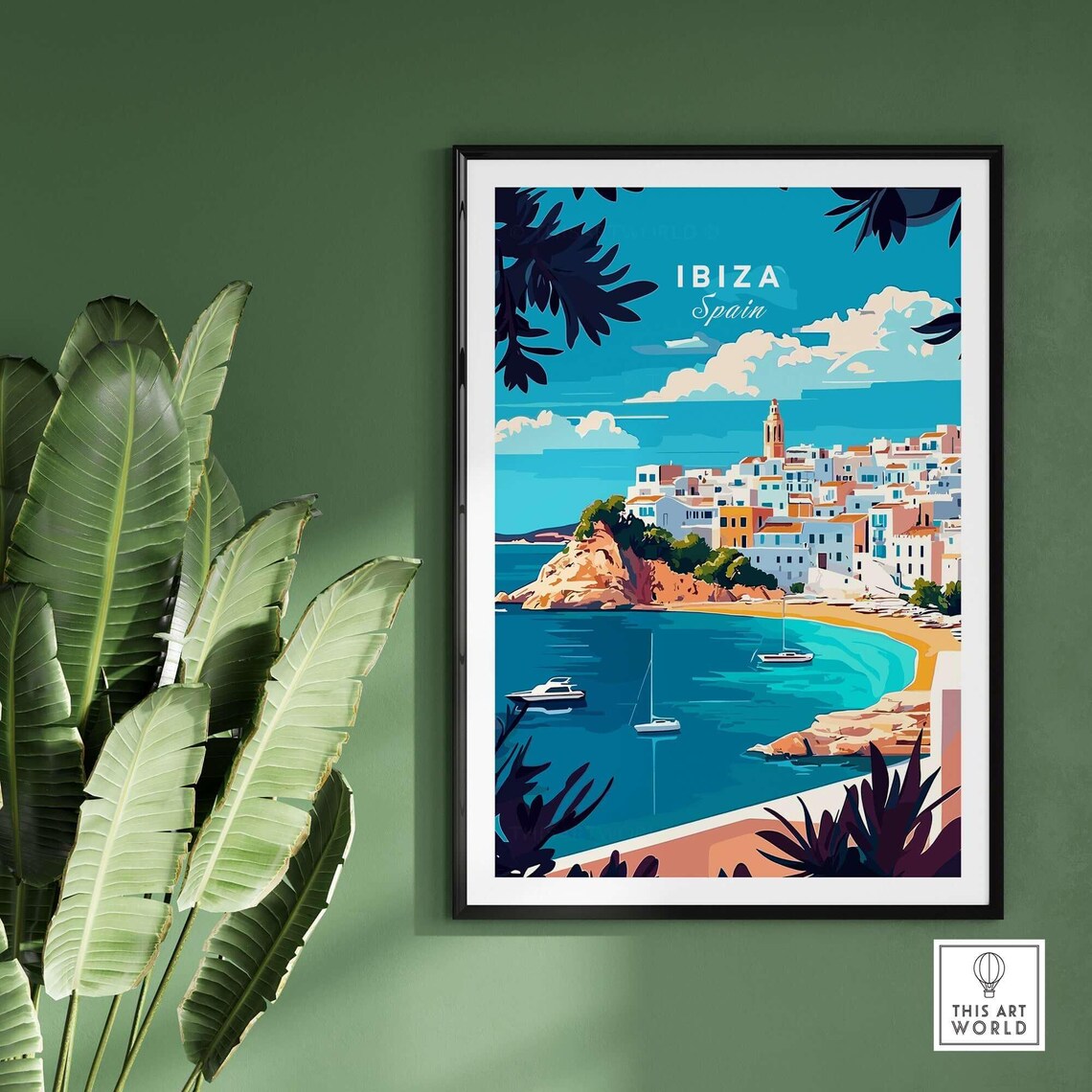 Ibiza Spain Turquoise Bay Sailboats Old Town Hill Travel Poster - Image 2